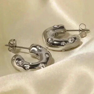 Stainless Steel Cubic Zirconia Decor Cuff Hoop Earrings F